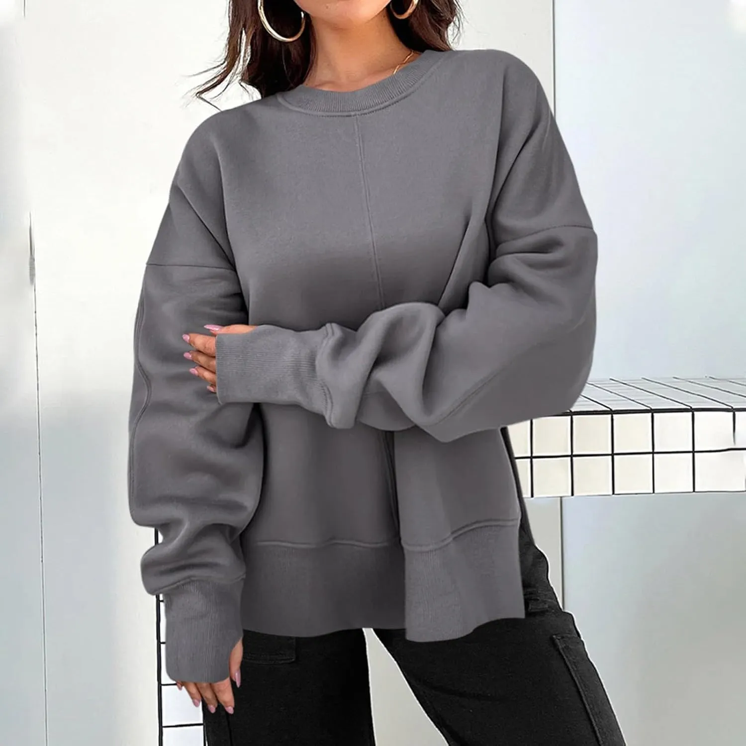 Oversized Sweatshirts for Women 2024 Fall Crew Neck Long Sleeve Tunic Tops Hoodless Cute Side Slit Pull Over Outfits