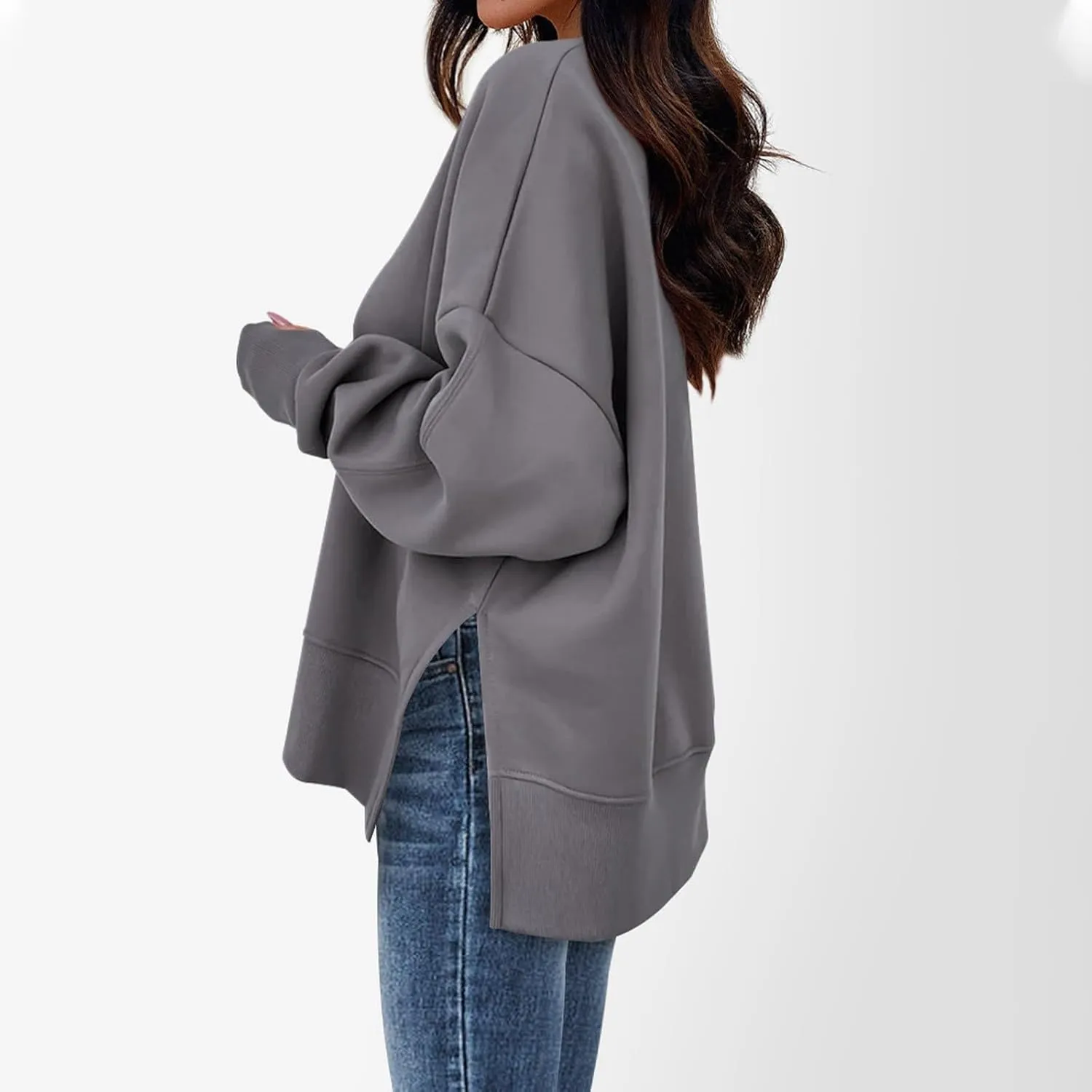 Oversized Sweatshirts for Women 2024 Fall Crew Neck Long Sleeve Tunic Tops Hoodless Cute Side Slit Pull Over Outfits