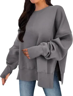 Oversized Sweatshirts for Women 2024 Fall Crew Neck Long Sleeve Tunic Tops Hoodless Cute Side Slit Pull Over Outfits