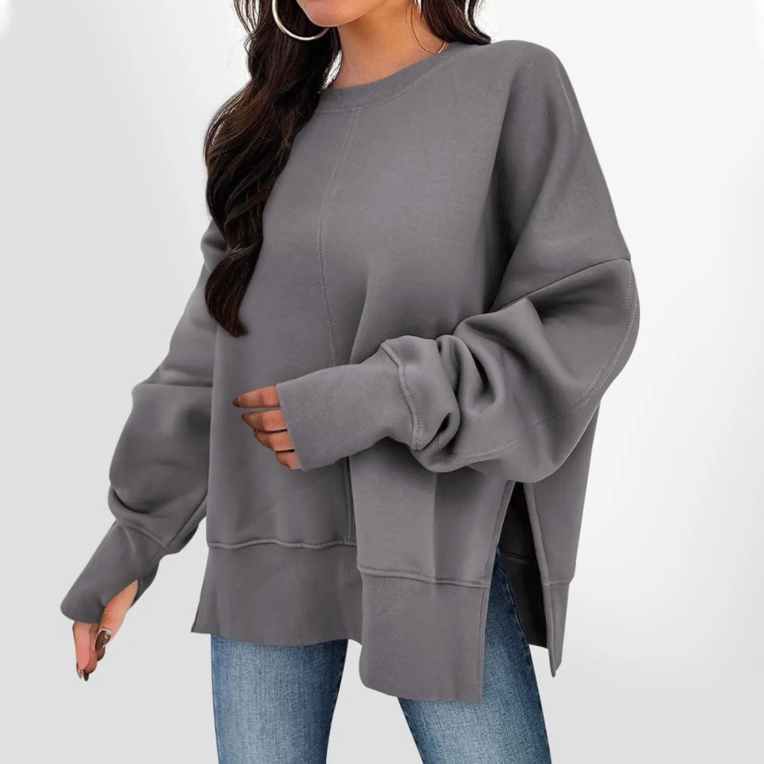 Oversized Sweatshirts for Women 2024 Fall Crew Neck Long Sleeve Tunic Tops Hoodless Cute Side Slit Pull Over Outfits