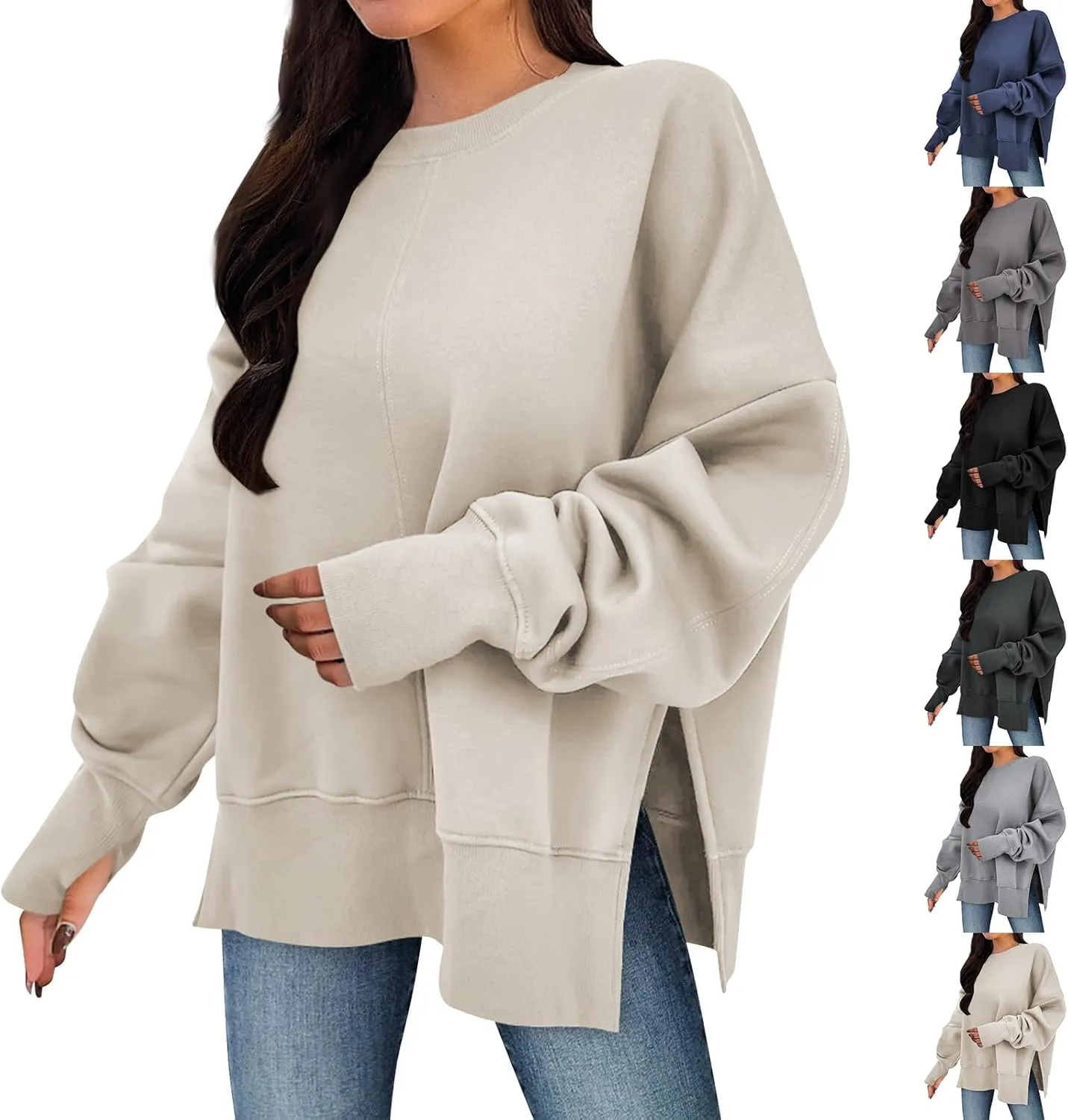 Oversized Sweatshirts for Women Loose Fit Long Sleeve Crew Neck Sweatshirts Casual Split Hem Thumb Hole Pullover