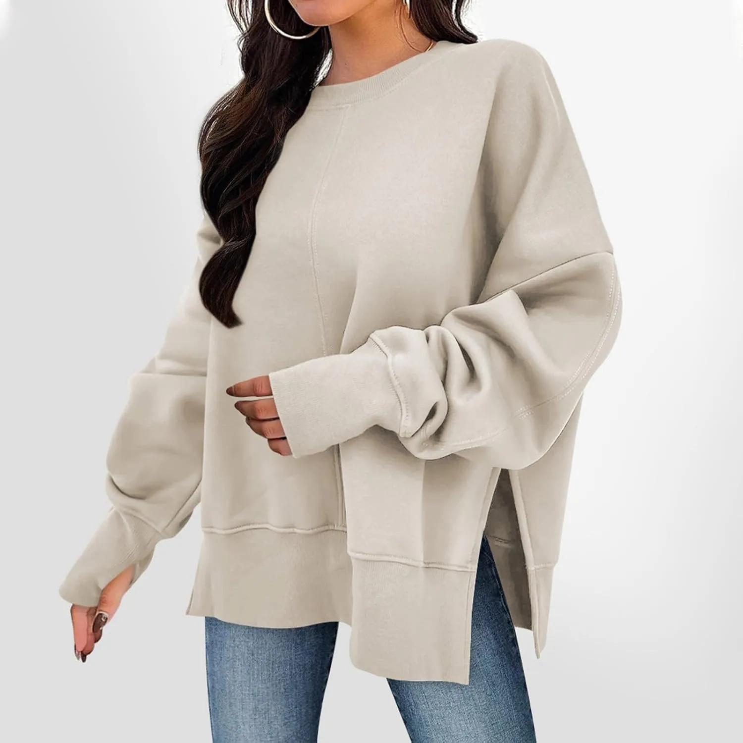 Oversized Sweatshirts for Women Loose Fit Long Sleeve Crew Neck Sweatshirts Casual Split Hem Thumb Hole Pullover