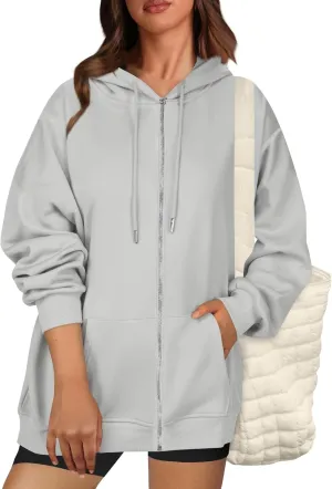 Oversized Zip Up Hoodie for Women Y2k Drawstring Fleece Jacket Long Sleeve Hooded Pullover Sweatshirts with Pockets