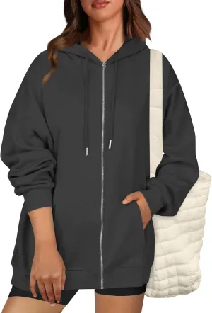 Oversized Zip Up Hoodie for Women Y2k Drawstring Fleece Jacket Long Sleeve Hooded Pullover Sweatshirts with Pockets
