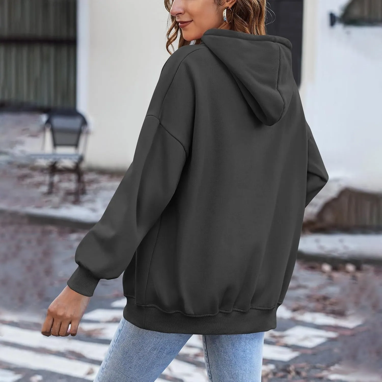 Oversized Zip Up Hoodie for Women Y2k Drawstring Fleece Jacket Long Sleeve Hooded Pullover Sweatshirts with Pockets