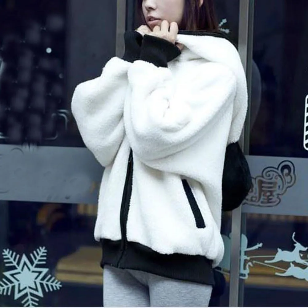 Panda Bear Coat Outerwear Jacket Hooded Cute Women Winter Ear Hoodie Warm Women's Coat Walking Jacket