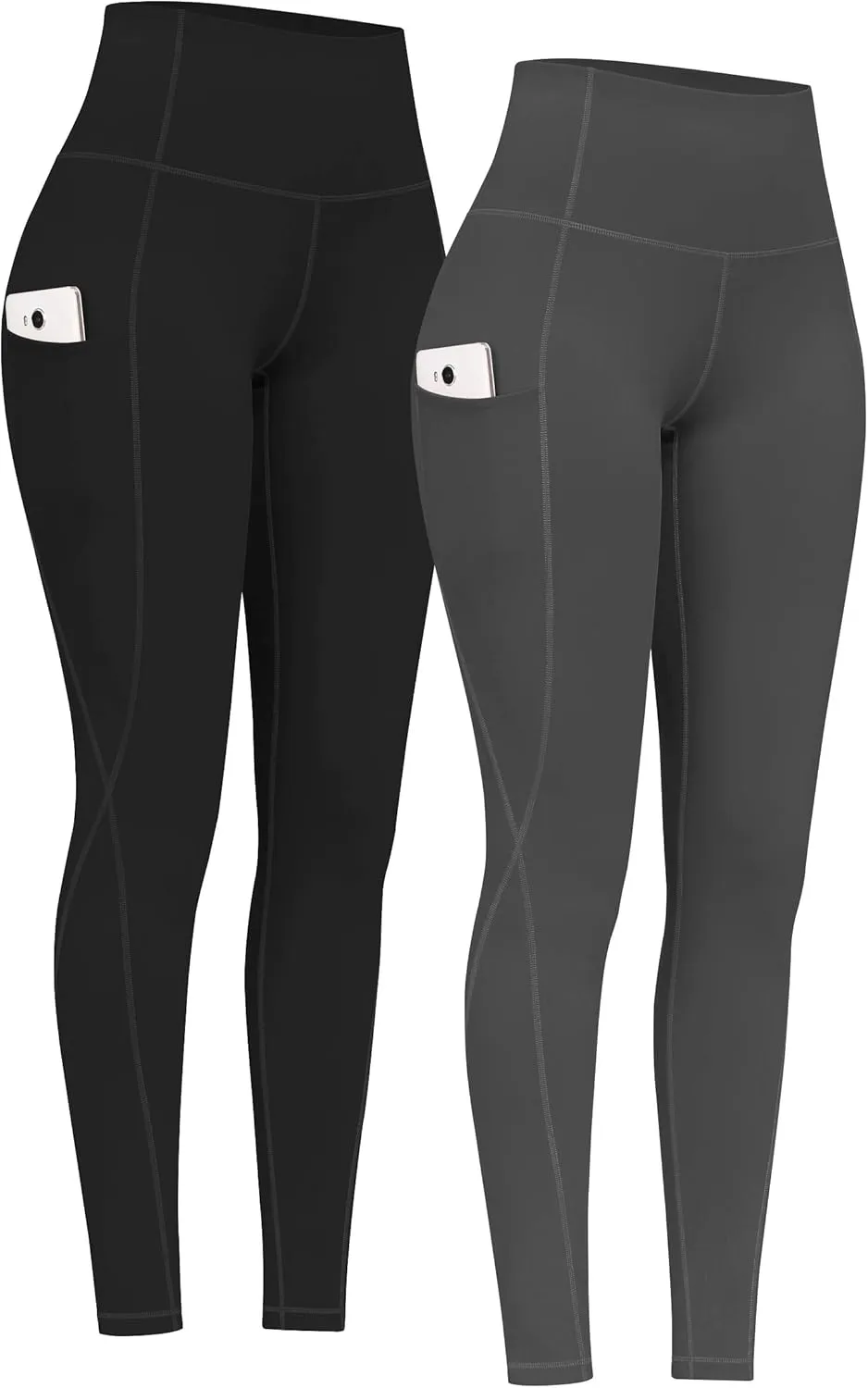 PHISOCKAT 2 Pack High Waist Yoga Pants with Pockets, Tummy Control Leggings, Workout 4 Way Stretch Yoga Leggings