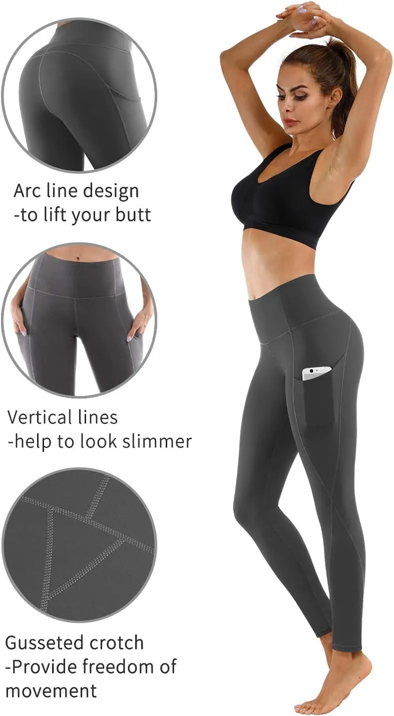 PHISOCKAT 2 Pack High Waist Yoga Pants with Pockets, Tummy Control Leggings, Workout 4 Way Stretch Yoga Leggings