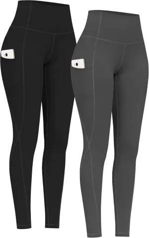 PHISOCKAT 2 Pack High Waist Yoga Pants with Pockets, Tummy Control Leggings, Workout 4 Way Stretch Yoga Leggings