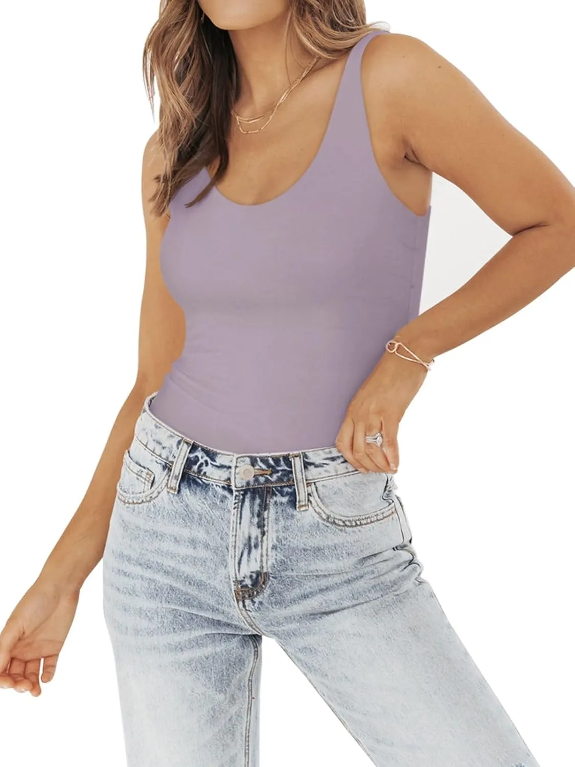 PINKMSTYLE Womens Basic Double Lined V Neck Tank Tops Slimming Workout Summer Tops Sleeveless Shirts