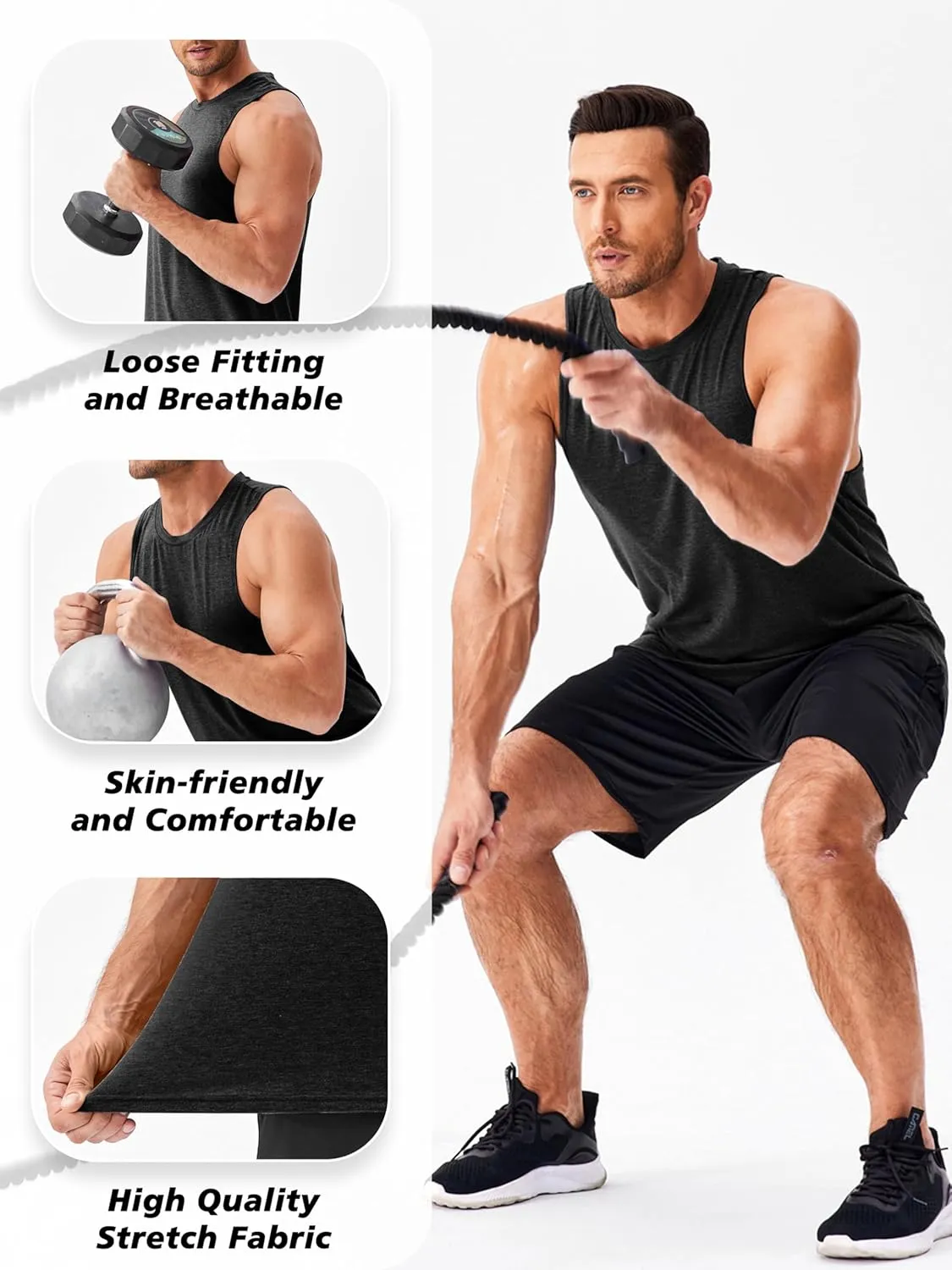 PINSPARK Men's 3 Pack Gym Tank Tops Workout Quick Dry Athletic Tank Top for Men Multipack Sleeveless Beach Swimming Shirts