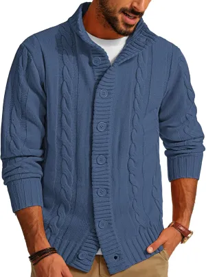 PJ PAUL JONES Men's Cardigan Sweaters Stand Collar Cable Knit Button Sweater