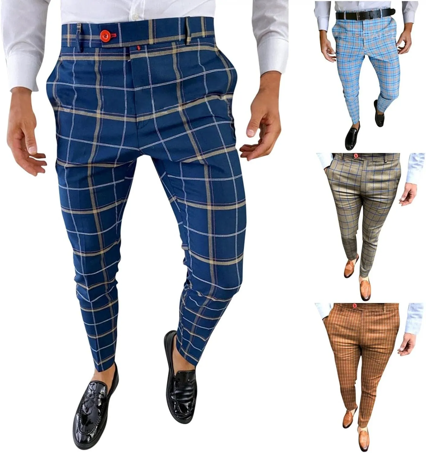 Plaid Dress Pants for Men Skinny Expandable Waist Slim Fit Chinos Grid Tailored Pants Modern Business Pencil Long Pants