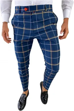 Plaid Dress Pants for Men Skinny Expandable Waist Slim Fit Chinos Grid Tailored Pants Modern Business Pencil Long Pants