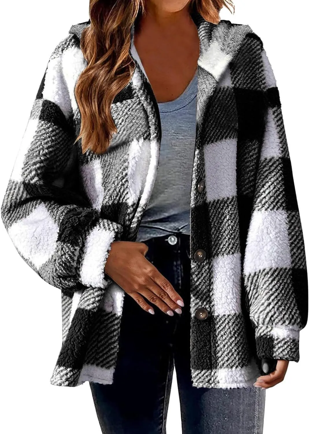 Plaid Fleece Shacket Jacket Womens Oversized Flannel Button Fall Hoodie Jackets With Pockets Warm Winter Coats