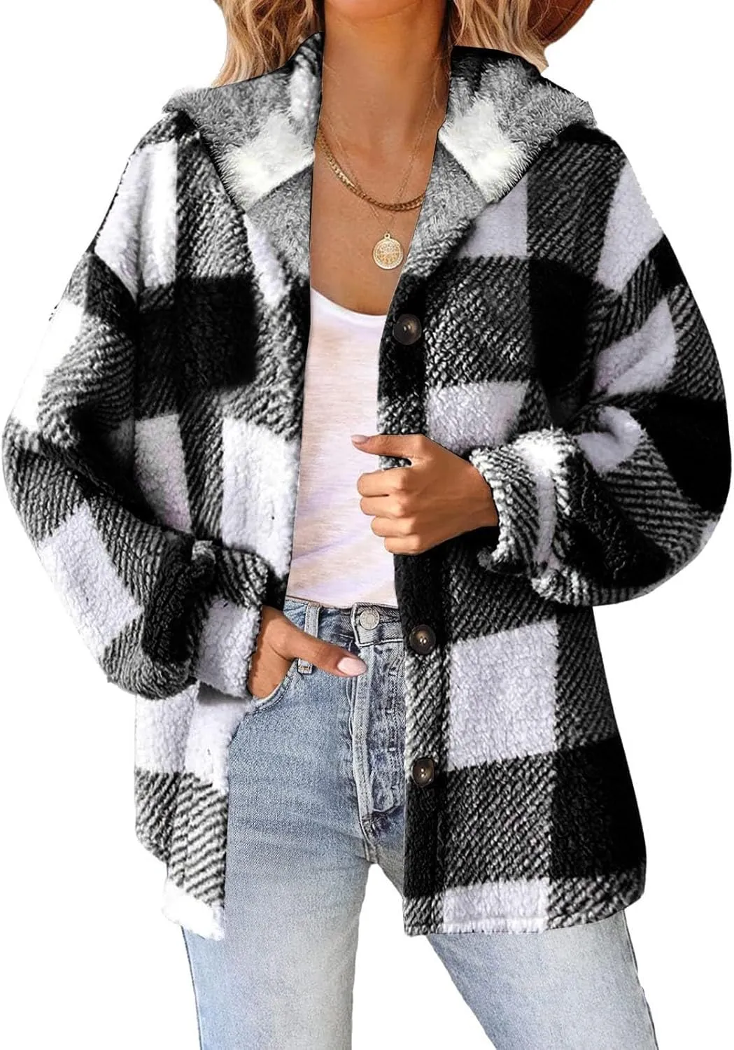 Plaid Fleece Shacket Jacket Womens Oversized Flannel Button Fall Hoodie Jackets With Pockets Warm Winter Coats