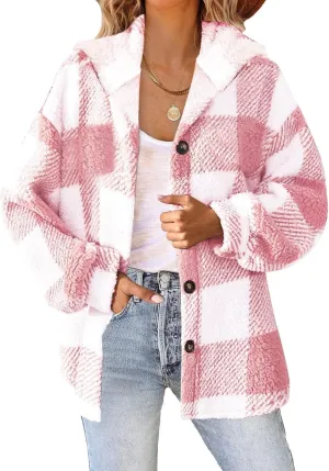 Plaid Fleece Shacket Jacket Womens Oversized Flannel Button Fall Hoodie Jackets With Pockets Warm Winter Coats