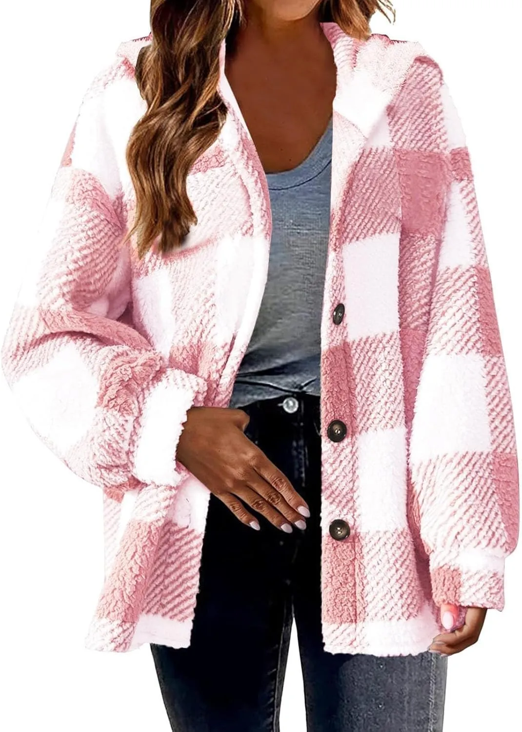 Plaid Fleece Shacket Jacket Womens Oversized Flannel Button Fall Hoodie Jackets With Pockets Warm Winter Coats