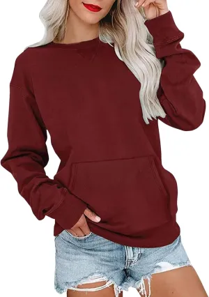 Plain Crewneck Sweatshirts Women Lightweight Fleece Oversized Sweatshirt Pullover Long Sleeve Tops Kangaroo Pocket