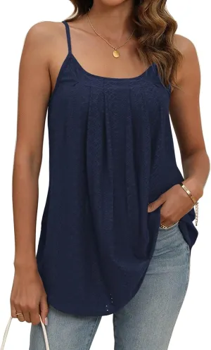 Poetsky Summer Tank Tops for Women Pleated Spaghetti Strap Camisole Loose Fit Casual Eyelet Sleeveless Shirts