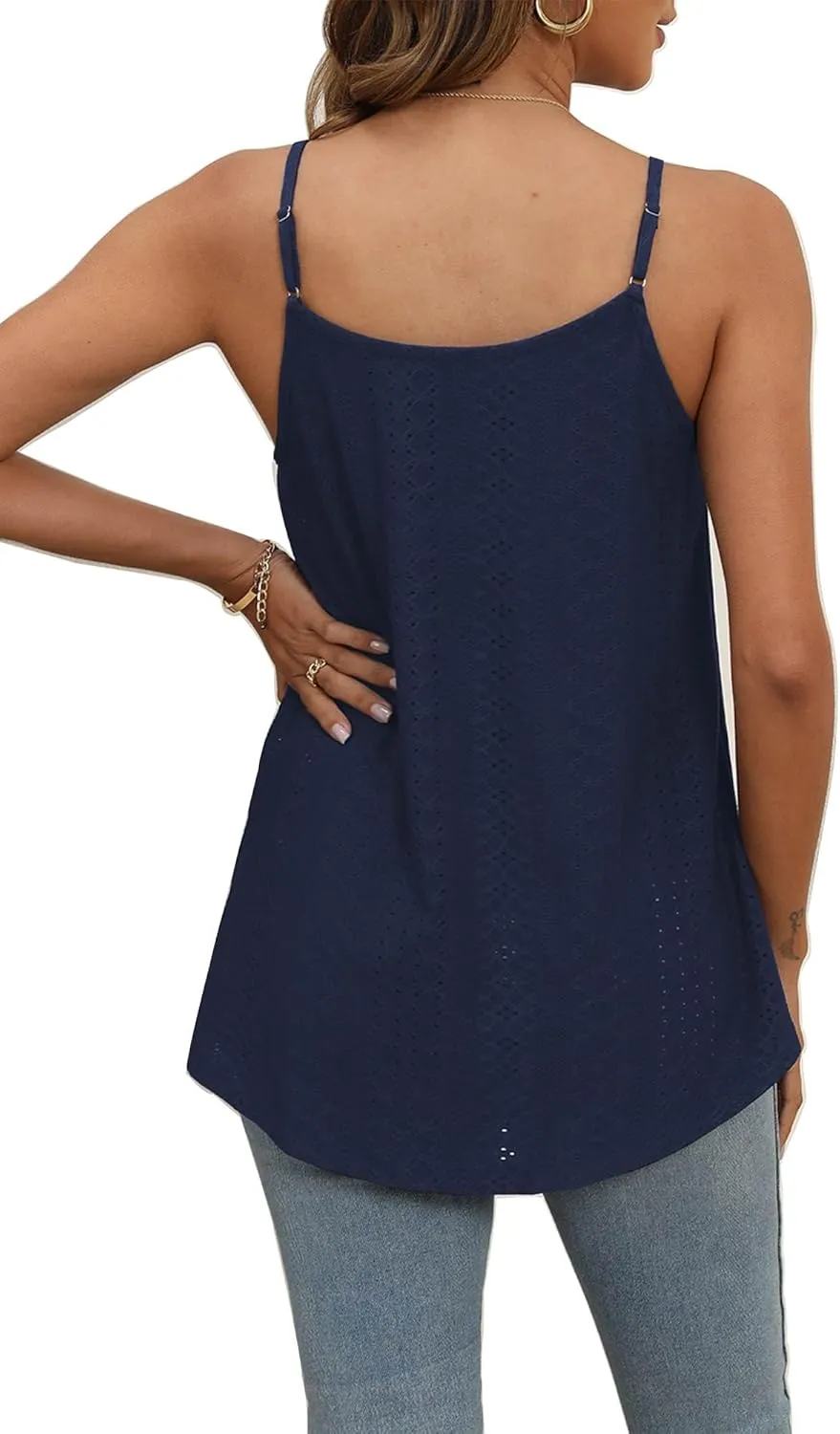 Poetsky Summer Tank Tops for Women Pleated Spaghetti Strap Camisole Loose Fit Casual Eyelet Sleeveless Shirts