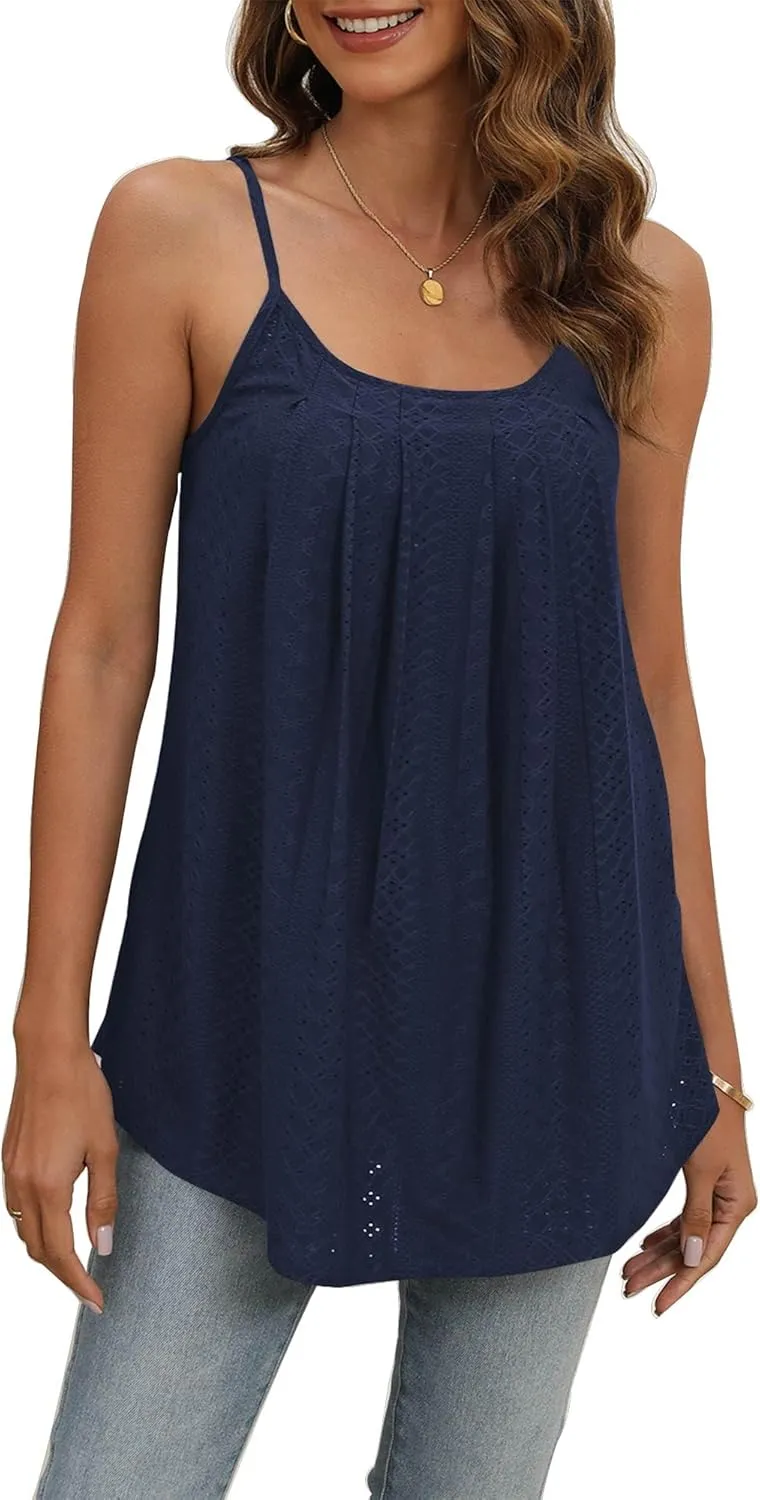 Poetsky Summer Tank Tops for Women Pleated Spaghetti Strap Camisole Loose Fit Casual Eyelet Sleeveless Shirts