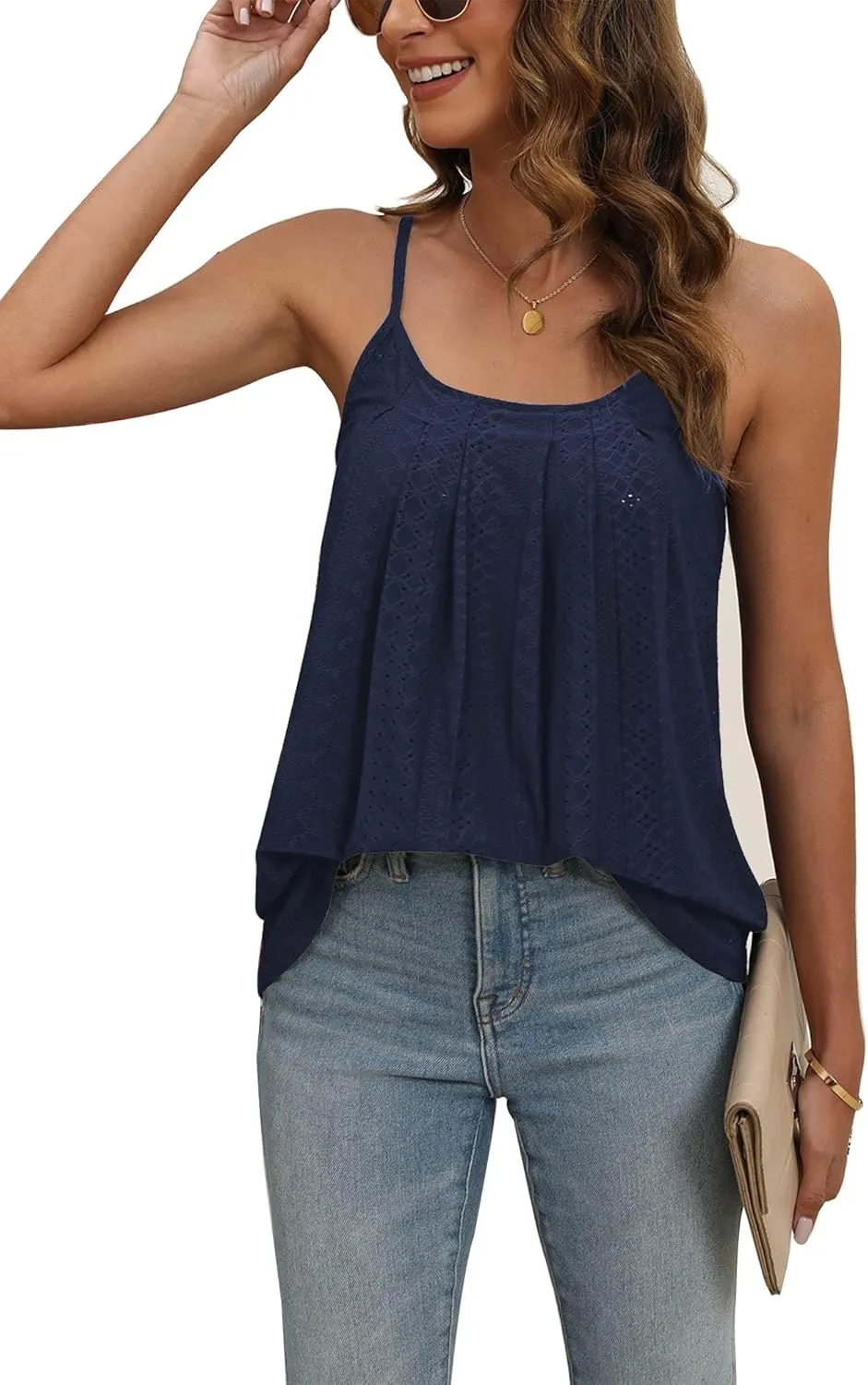 Poetsky Summer Tank Tops for Women Pleated Spaghetti Strap Camisole Loose Fit Casual Eyelet Sleeveless Shirts