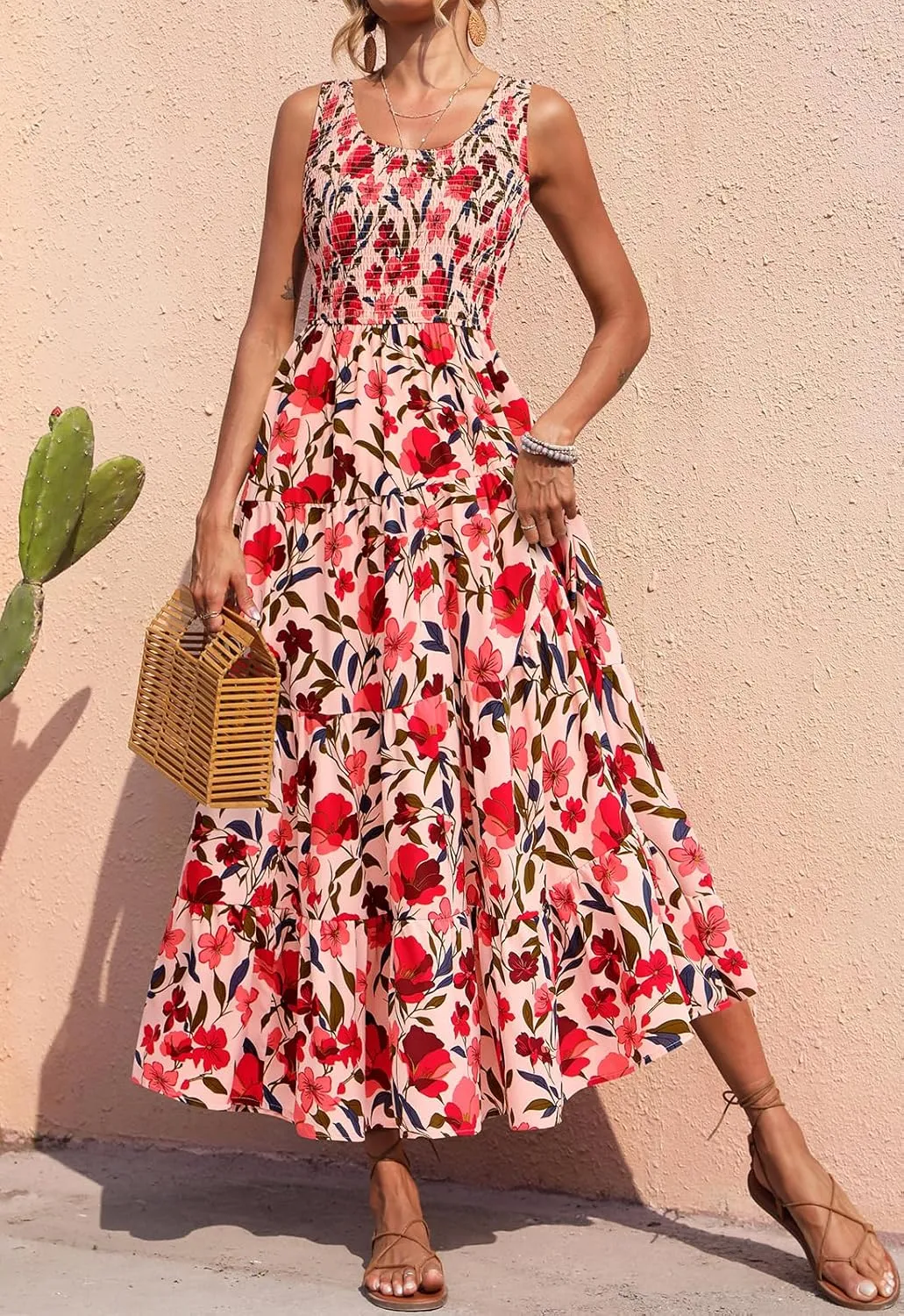PRETTYGARDEN Smocked Tank Floral Maxi Dresses for Women 2025 Wedding Guest Dress Sleeveless Flowy Long Sundress with Pockets