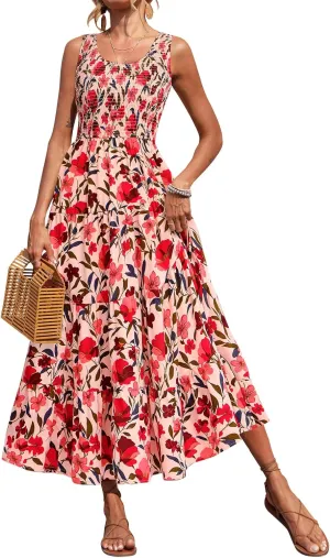 PRETTYGARDEN Smocked Tank Floral Maxi Dresses for Women 2025 Wedding Guest Dress Sleeveless Flowy Long Sundress with Pockets