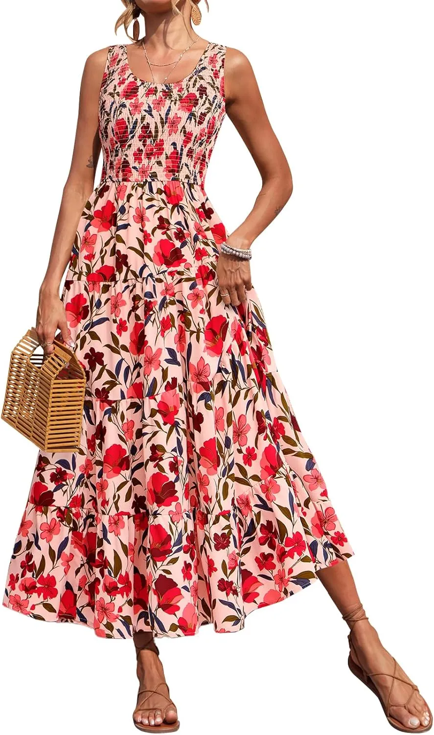 PRETTYGARDEN Smocked Tank Floral Maxi Dresses for Women 2025 Wedding Guest Dress Sleeveless Flowy Long Sundress with Pockets