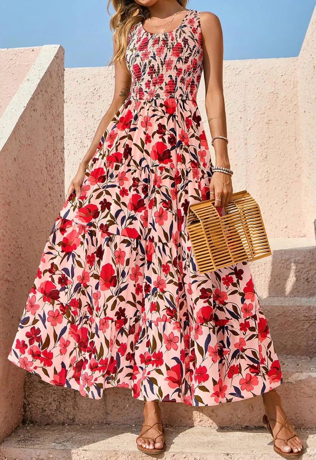 PRETTYGARDEN Smocked Tank Floral Maxi Dresses for Women 2025 Wedding Guest Dress Sleeveless Flowy Long Sundress with Pockets