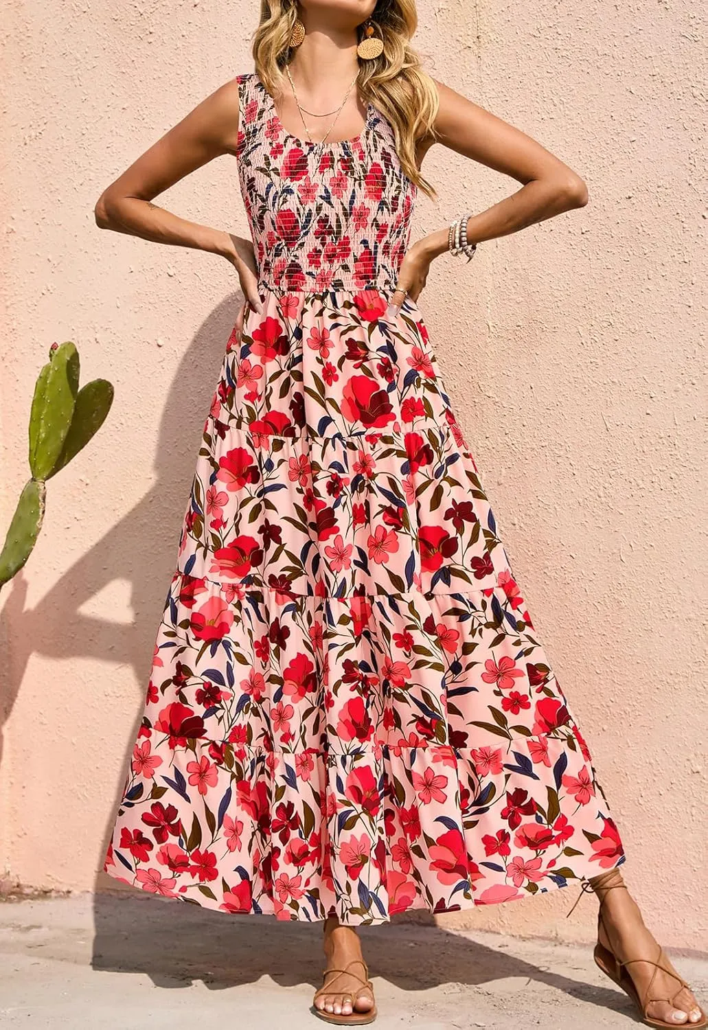 PRETTYGARDEN Smocked Tank Floral Maxi Dresses for Women 2025 Wedding Guest Dress Sleeveless Flowy Long Sundress with Pockets
