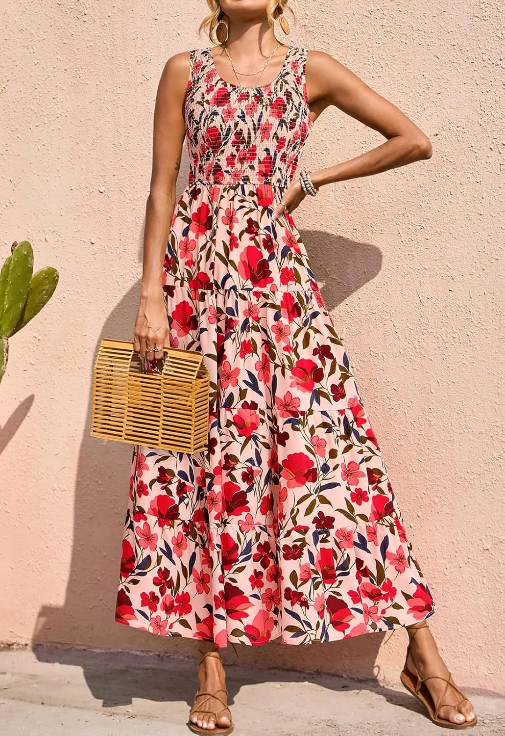 PRETTYGARDEN Smocked Tank Floral Maxi Dresses for Women 2025 Wedding Guest Dress Sleeveless Flowy Long Sundress with Pockets