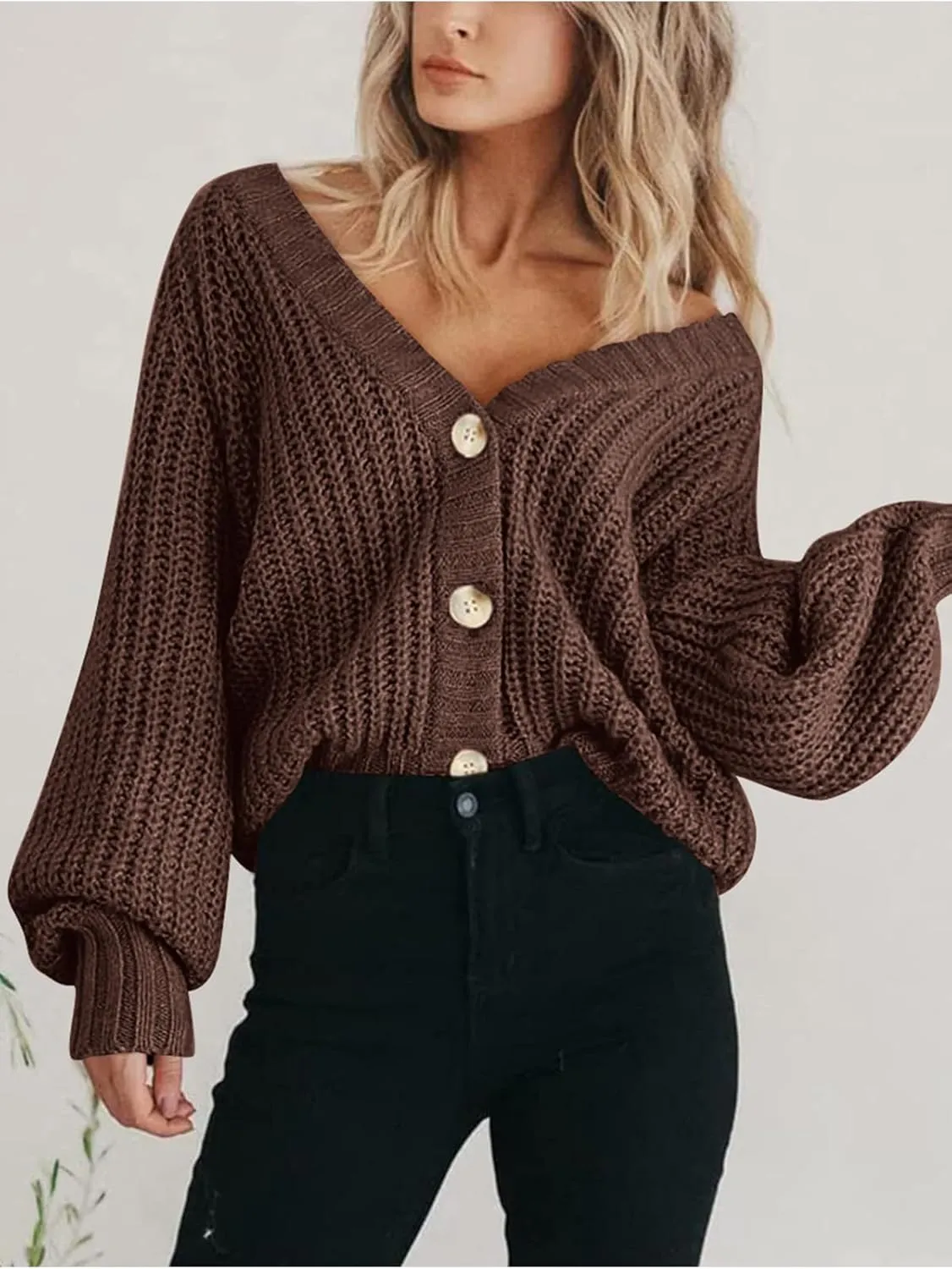 PRETTYGARDEN Women's Chunky Knit Open Front Sweater Long Sleeve Button Loose Short Cardigan Outerwear Coats