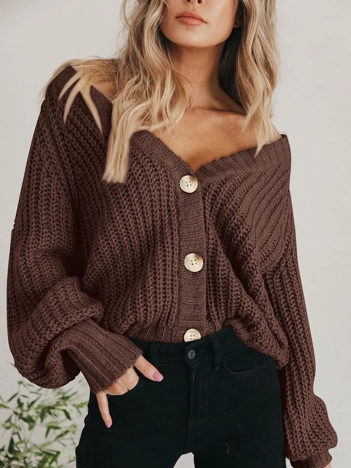 PRETTYGARDEN Women's Chunky Knit Open Front Sweater Long Sleeve Button Loose Short Cardigan Outerwear Coats