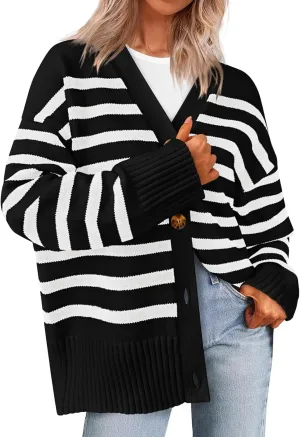 PRETTYGARDEN Women's Long Sleeve Striped Open Front Cardigan Sweaters Button Down Knit Lady Jackets 2025 Fall Outfits