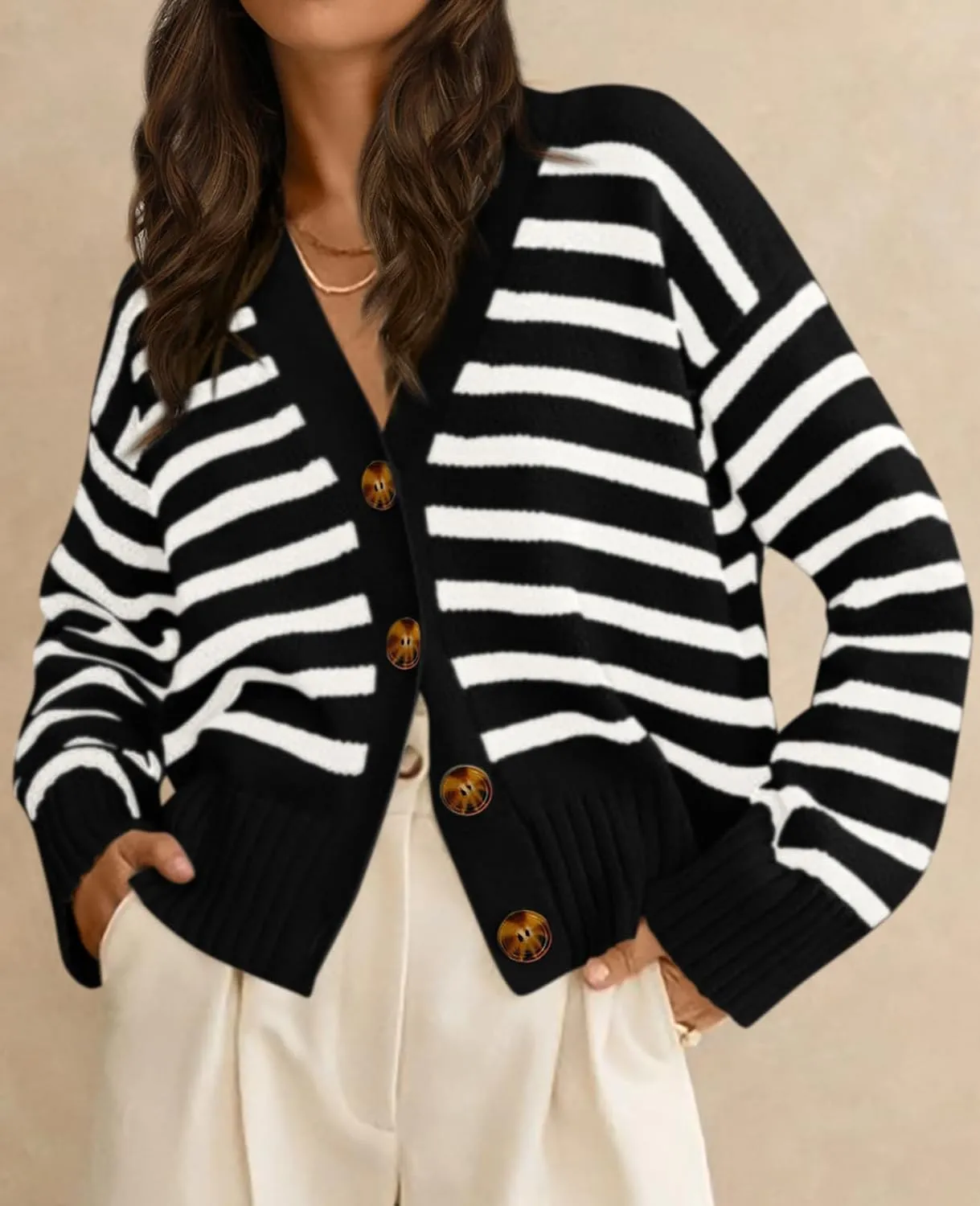PRETTYGARDEN Women's Long Sleeve Striped Open Front Cardigan Sweaters Button Down Knit Lady Jackets 2025 Fall Outfits