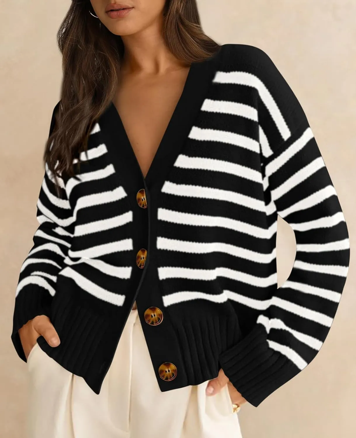 PRETTYGARDEN Women's Long Sleeve Striped Open Front Cardigan Sweaters Button Down Knit Lady Jackets 2025 Fall Outfits