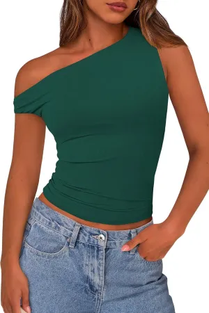 PRETTYGARDEN Women's Off The Shoulder Crop Tank Tops 2025 Summer Trendy Casual Sleeveless Ruched Fitted Going Out Shirts
