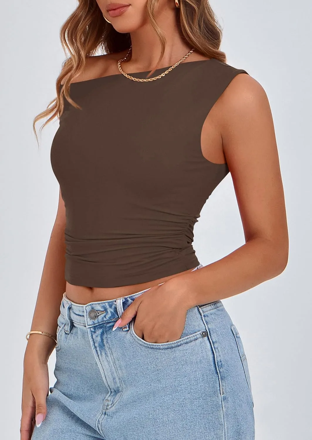 PRETTYGARDEN Women's Off The Shoulder Crop Tank Tops 2025 Summer Trendy Casual Sleeveless Ruched Fitted Going Out Shirts