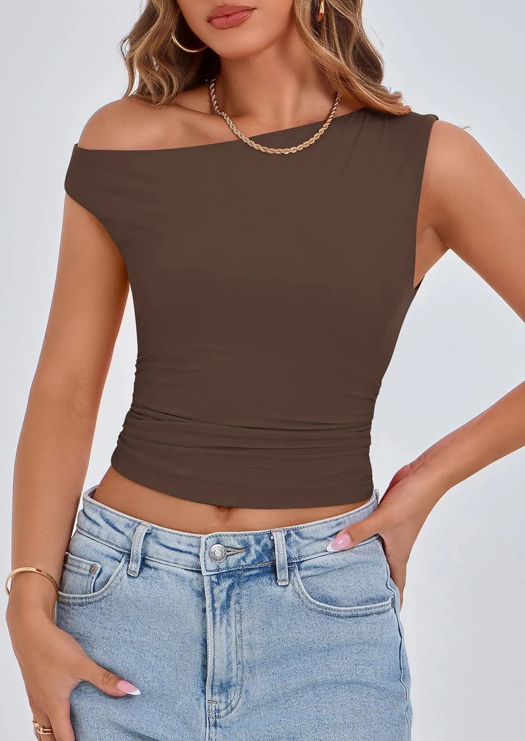 PRETTYGARDEN Women's Off The Shoulder Crop Tank Tops 2025 Summer Trendy Casual Sleeveless Ruched Fitted Going Out Shirts