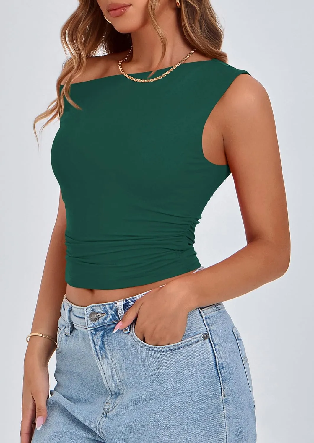 PRETTYGARDEN Women's Off The Shoulder Crop Tank Tops 2025 Summer Trendy Casual Sleeveless Ruched Fitted Going Out Shirts