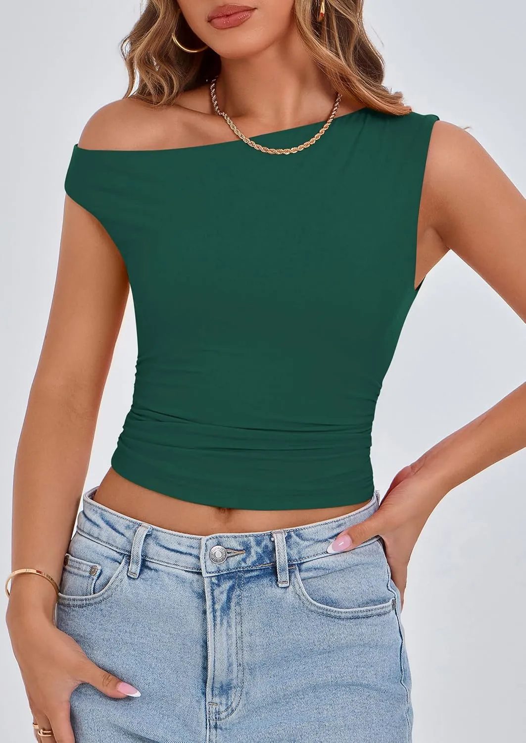 PRETTYGARDEN Women's Off The Shoulder Crop Tank Tops 2025 Summer Trendy Casual Sleeveless Ruched Fitted Going Out Shirts