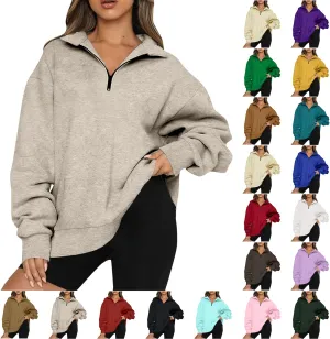 Quarter Zip Sweatshirt Women Oversized Zip Up Hoodie 1/4 Zip Fleece Pullover Long Sleeve Sweater Preppy Sweatshirts