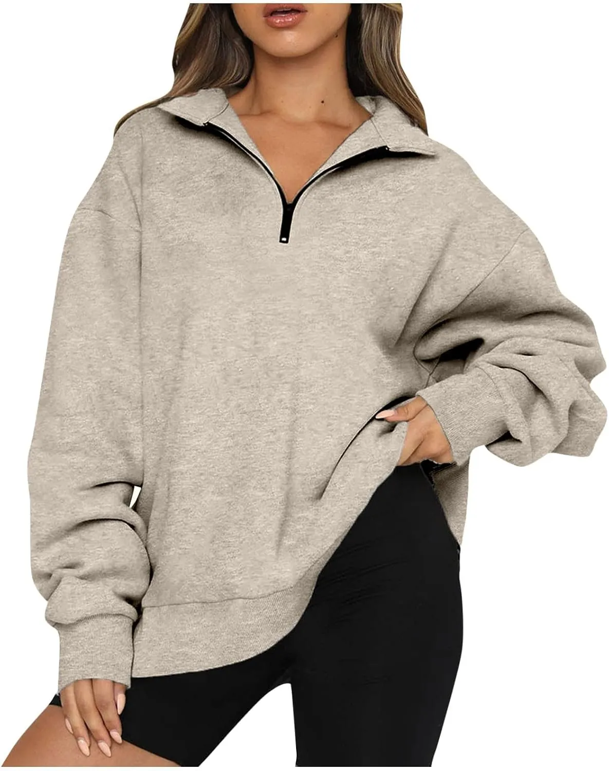 Quarter Zip Sweatshirt Women Oversized Zip Up Hoodie 1/4 Zip Fleece Pullover Long Sleeve Sweater Preppy Sweatshirts