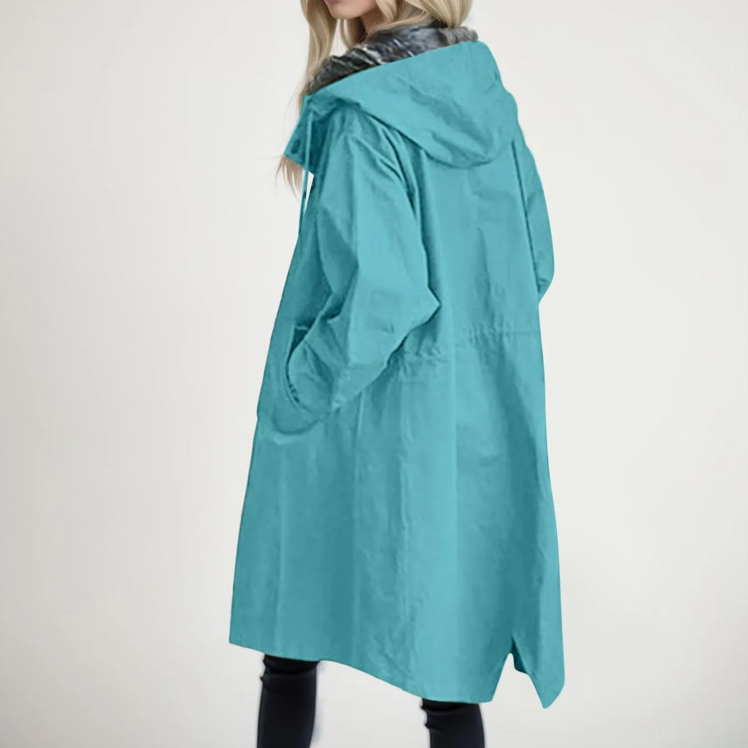 Rain Jacket For Women Plus Size Long Raincoat Lightweight Hooded Windbreaker Trench Coat Tops with Pockets