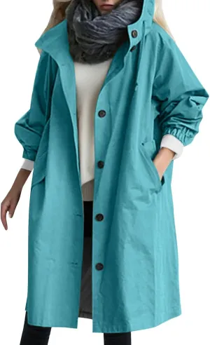 Rain Jacket For Women Plus Size Long Raincoat Lightweight Hooded Windbreaker Trench Coat Tops with Pockets
