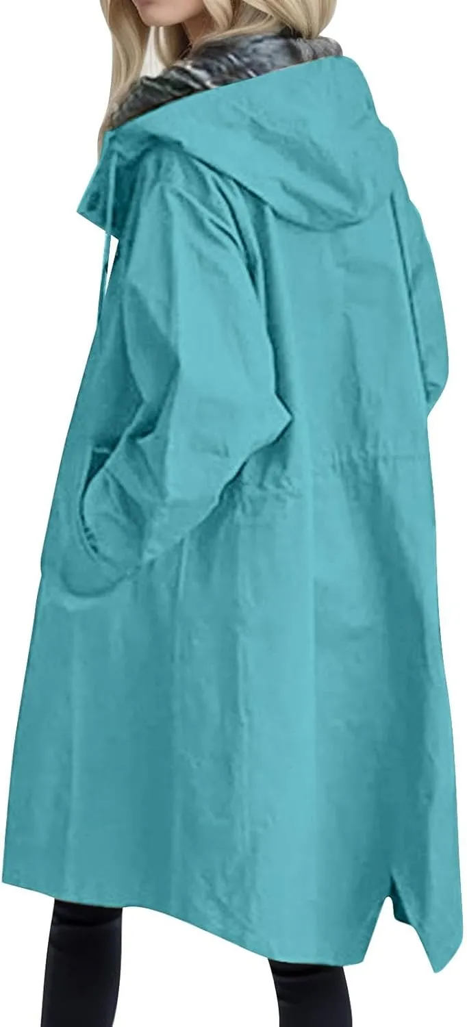 Rain Jacket For Women Plus Size Long Raincoat Lightweight Hooded Windbreaker Trench Coat Tops with Pockets