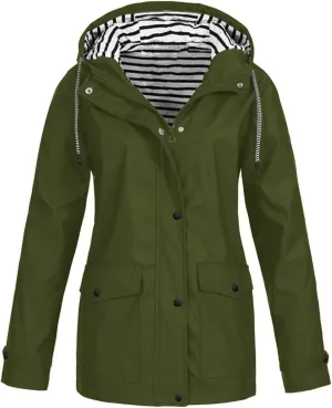 Rain Jacket Women,Lightweight Long Sleeve Raincoat Outdoor Hooded Waterproof Jacket Windbreaker Zip Up Trench