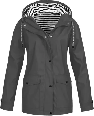 Rain Jacket Women,Lightweight Long Sleeve Raincoat Outdoor Hooded Waterproof Jacket Windbreaker Zip Up Trench
